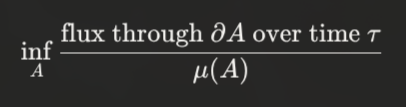 The dynamic Cheeger ratio: infimum over regions A of (flux through the boundary of A, averaged over time) divided by the measure of A.
